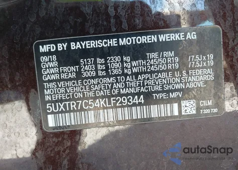 2019 BMW X3 Sdrive30I from USA, damaged, VIN 5UXTR7C54KLF29344